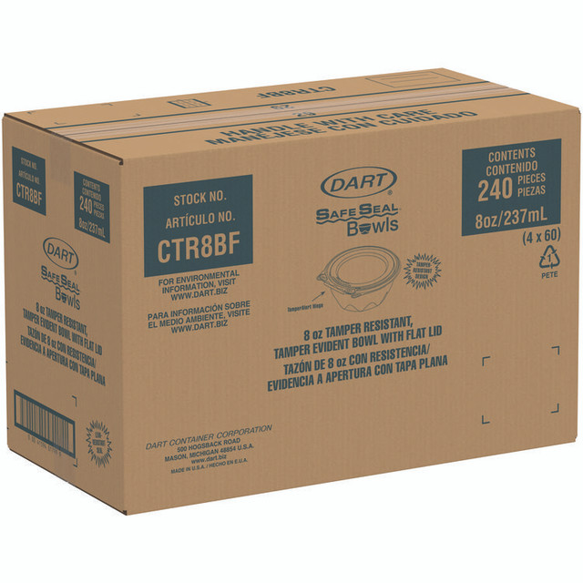 DART CTR8BF SafeSeal Tamper-Resistant, Tamper-Evident Bowls with Flat Lid, 8 oz, 5.5" Diameter x 1.7" h, Clear, Plastic, 240/Carton