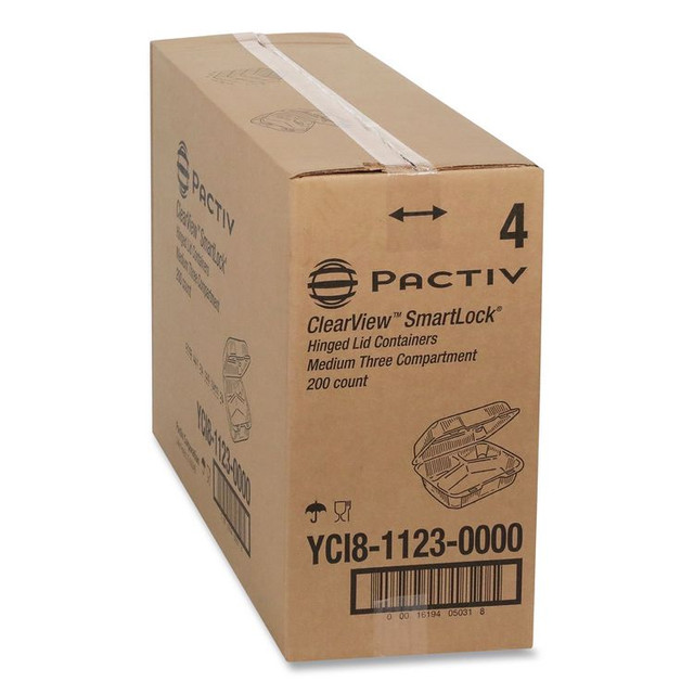 PACTIV EVERGREEN CORPORATION YCI81123 ClearView SmartLock Hinged Lid Container, 3 Compartments, 5 oz/14 oz, 8.2 x 8.34 x 2,91, Clear, Plastic, 200/Carton