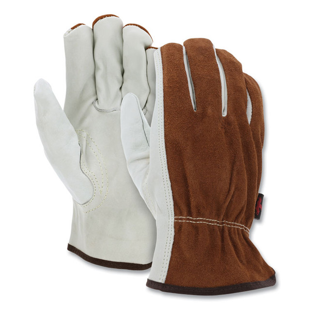MCR SAFETY 3205XL Dual Leather Industrial Gloves, Gunn Cut, Keystone Thumb, X-Large, Cream/Brown, 12 Pairs