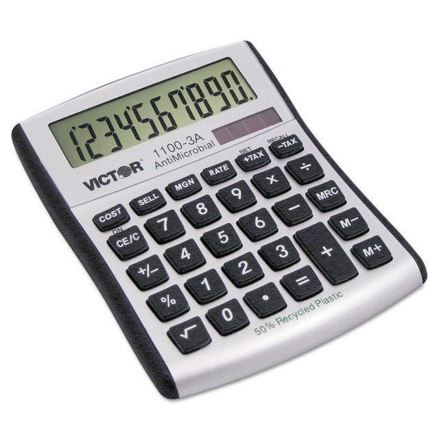 VICTOR TECHNOLOGY LLC 1100-3A 1100-3A Antimicrobial Compact Desktop Calculator, 10-Digit LCD