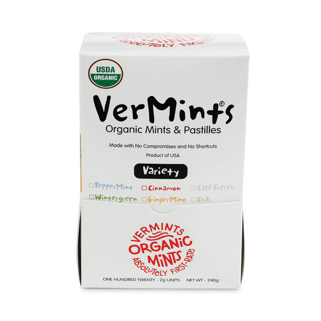 VERMINTS INC. VNT00991 VerMints Organic Mints/Pastilles, Assorted Flavors, 2 Mints/0.7 oz Individually Wrapped, 120/Box