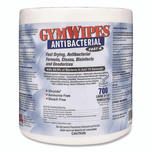 2XL CORPORATION, INC. L101 Antibacterial Gym Wipes Refill, 1-Ply, 6 x 8, Unscented, White, 700 Wipes/Pack, 4 Packs/Carton