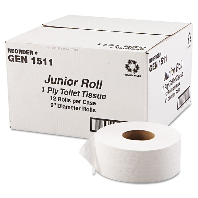 GEN 1511 JRT Jumbo Bath Tissue, Septic Safe, 1-Ply, White, 3.3 x 1,200 ft, 12 Rolls/Carton