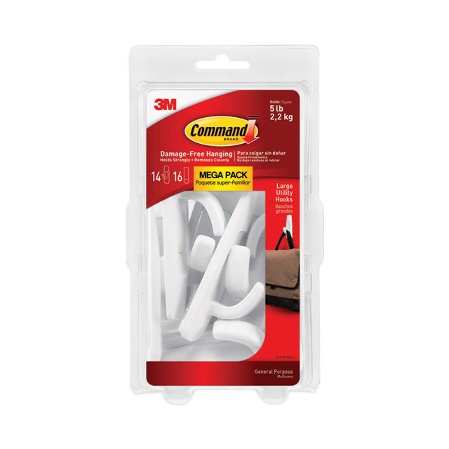 3M/COMMERCIAL TAPE DIV. Command™ 17003MPES General Purpose Hooks, Large, Plastic, White, 5 lb Capacity, 14 Hooks and 16 Strips/Pack