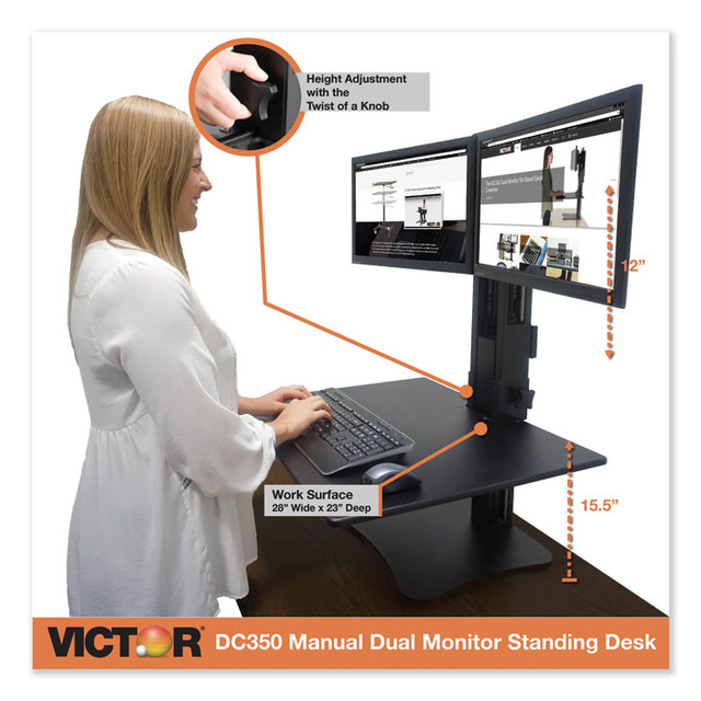 VICTOR TECHNOLOGY LLC DC350A High Rise Dual Monitor Standing Desk Workstation, 28" x 23" x 10.5" to 15.5", Black