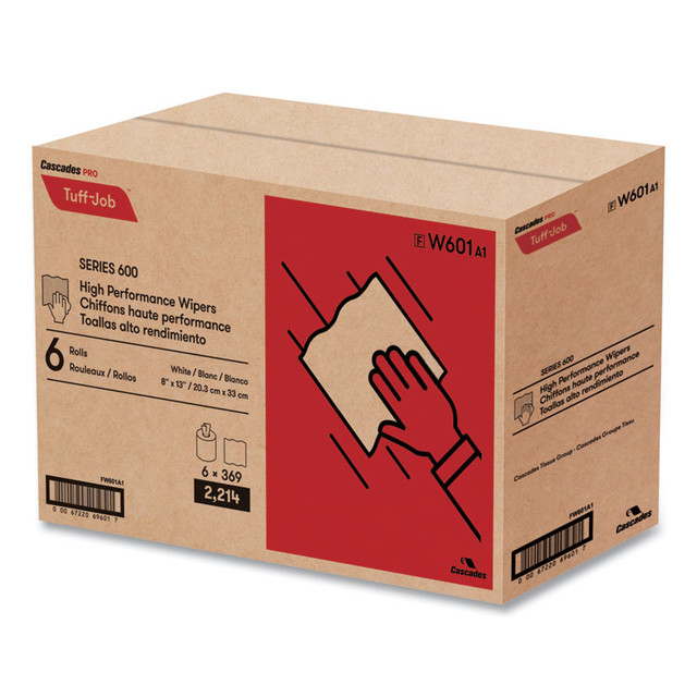 CASCADES TISSUE GROUP PRO W601 Tuff-Job Spunlace Towels, Centerpull Roll, 8 x 13, White, 369 Sheets/Roll, 6/Carton