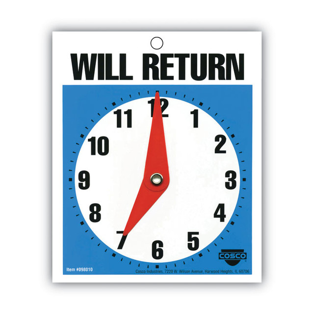 CONSOLIDATED STAMP COSCO 098010 Will Return Later Sign, 5 x 6, Blue