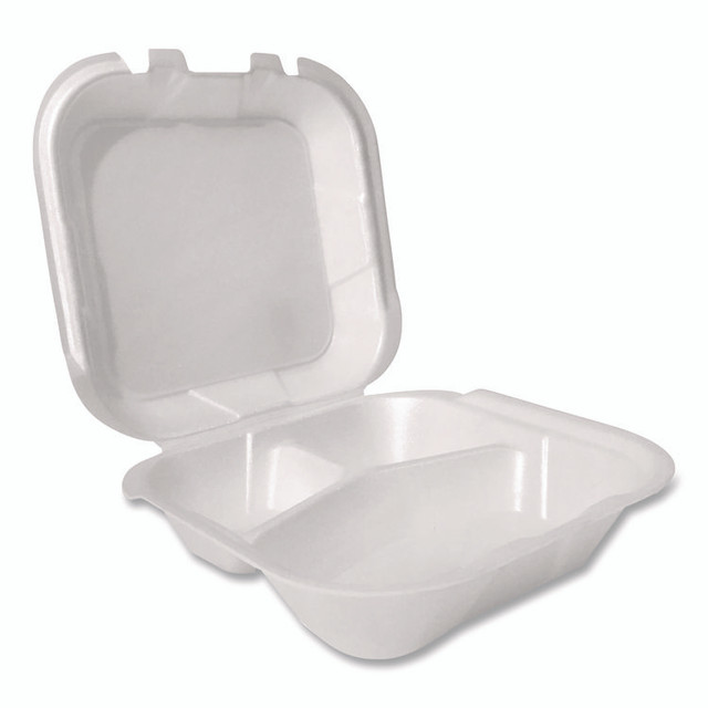 PLASTIFAR SA 12092 Foam Hinged Lid Containers, 3-Compartment, 8.56 x 8 x 2.76, White, Foam, 200/Carton