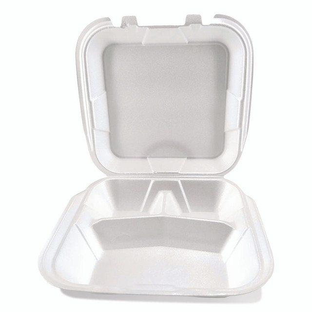 PLASTIFAR SA 12083 Foam Hinged Lid Containers, 3-Compartment, 9 x 9 x 3, White, Foam, 200/Carton