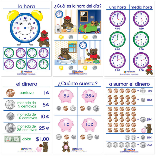 NEWPATH LEARNING NewPath Learning Time & Money Bulletin Board Charts, Set of 6, Spanish Edition