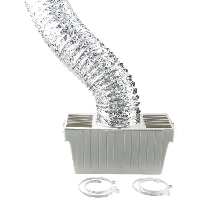 Choose the Deflect-O Supurr-Flex Indoor Dryer Vent Lint Trap Kit for situations where outdoor dryer venting isnT possible. The kit works with electric dryers and helps trap dust and comes with a Supurr-Flex duct, a lint trap bucket and 2 clamps.  Made of metal for durability.  Traps dust while venting air through louvers.  Designed for use with electric dryers only.  UL 2158A listed.  Comes with a 4in x 8ft Supurr-Flex duct, a lint trap bucket with a non-tipping rectangular base and 2 clamps.  Backed by the manufacturers 90-day limited warranty.  Measures 10-3/4inH x 5-1/4inW x 4-3/4inD.
