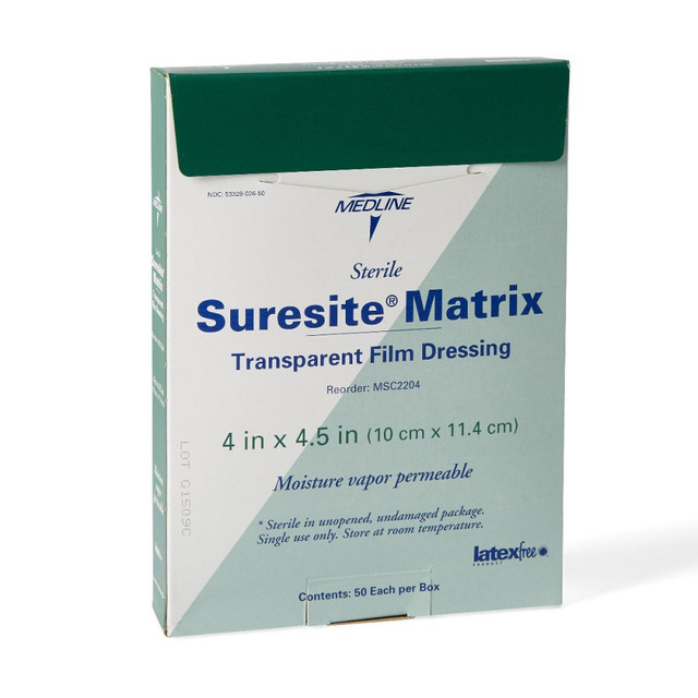 MEDLINE INDUSTRIES, INC. MSC2204 Medline Suresite Matrix Transparent Film Dressings, 4in x 4 1/2in, Clear, Pack Of 50 MEDLINE INDUSTRIES, INC. MSC2204 Medline Suresite Matrix Transparent Film Dressings, 4in x 4 1/2in, Clear, Pack Of 50