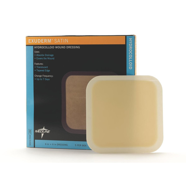 MEDLINE INDUSTRIES, INC. MSC5466 Medline Exuderm Satin Hydrocolloid Dressings, 6in x 6in, Tan, Pack Of 5 MEDLINE INDUSTRIES, INC. MSC5466 Medline Exuderm Satin Hydrocolloid Dressings, 6in x 6in, Tan, Pack Of 5