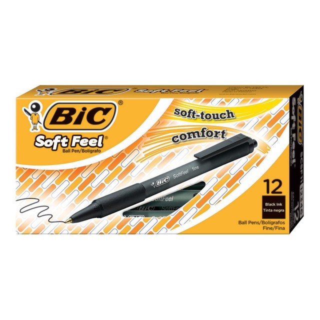 Experience soft-touch comfort when writing with BIC Soft Feel Retractable Ballpoint Pens. These 1.0mm medium point ballpoint pens are great for everyday writing at work, school or home and have smooth ink that writes fluidly and effortlessly. With a comfortable grip, they"re the ideal ball point pens for writing lists, taking notes, journaling and more. The round barrel features a no-slip grip that offers a comfortable hold, making it ideal for prolonged writing sessions. Plus, the plastic clip easily attaches to pockets, notebooks and more for quick access on the go. Designed for convenience, these retractable medium point pens let you start writing with just one click. Looking for reliable pens for school or office supplies? Choose BIC Soft Feel Retractable Ballpoint Pens for a high-quality, affordable product you can trust.  Get strong, sure strokes with the 1.0 mm, medium-point tip every time you write.  BIC Soft Feel pens have a Tungsten carbide ball for added durability.  Design of BIC retractable pens helps preserve ink, prevent stains and eliminate the hassle of lost pen caps.  BIC pens nonslip finger grips provide comfortable handling.  Retractable pens with black ink are excellent for school, home or business use.