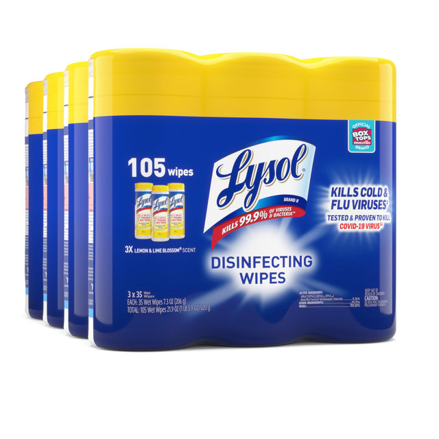 RECKITT BENCKISER 82159CT Lysol Disinfecting Wipes, 7in x 7-1/4in, Lemon Scent, 35 Wipes Per Canister, Carton Of 12 Canisters