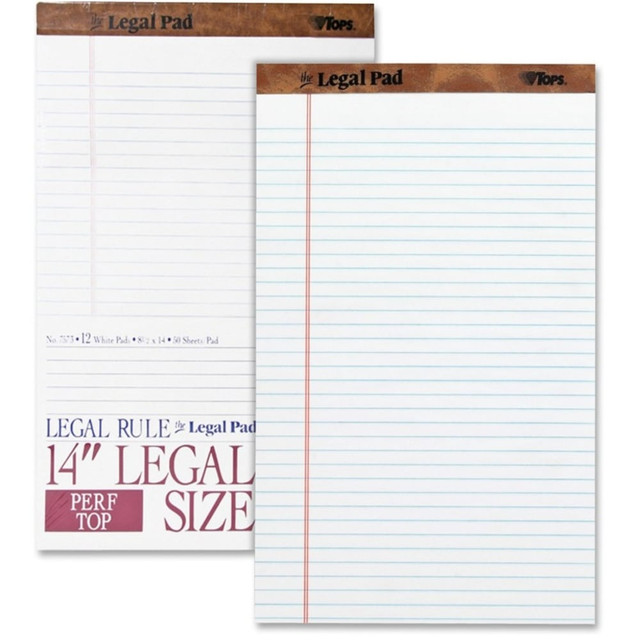 TOPS BUSINESS FORMS 75731 TOPS The Legal Pad Writing Pad - 50 Sheets - Double Stitched - 0.34in Ruled - 16 lb Basis Weight - Legal - 8 1/2in x 14in Sheet Size - White Paper - Chipboard Cover - Perforated, Hard Cover, Removable - 1 Dozen