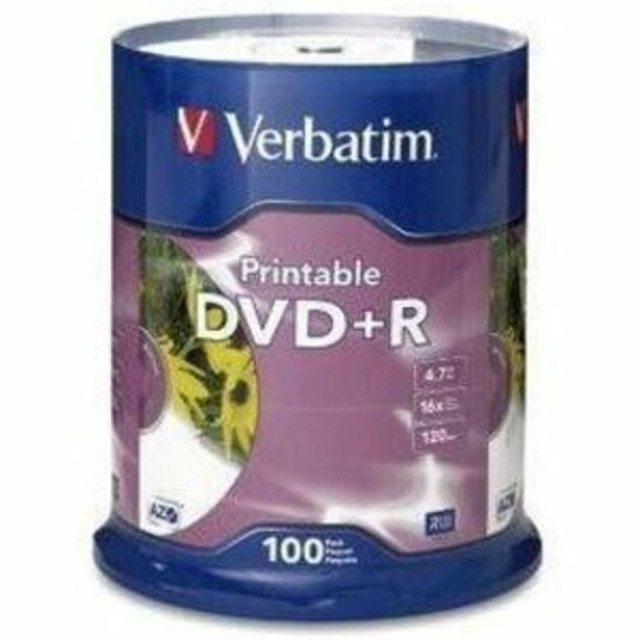 VERBATIM AMERICAS LLC 95145 Verbatim DVD+R 4.7GB 16X White Inkjet Printable - 100pk Spindle - 120mm - Printable