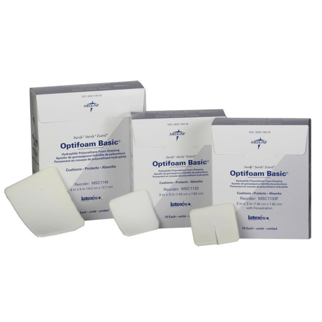 MEDLINE INDUSTRIES, INC. MSC1133FZ Medline Optifoam Basic Sterile Non-Adhesive Dressings, Fenestrated, 3in x 3in, Pack Of 10 MEDLINE INDUSTRIES, INC. MSC1133FZ Medline Optifoam Basic Sterile Non-Adhesive Dressings, Fenestrated, 3in x 3in, Pack Of 10