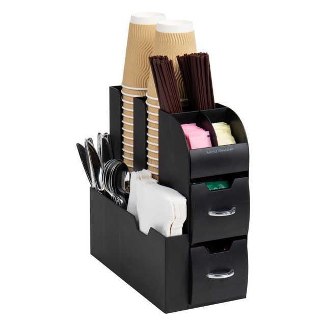 Effortlessly streamline your breakroom essentials with this versatile all-in-one organizer. Boasting eleven compartments, it offers spacious storage for coffee, tea, condiments, and beyond. Perfect for college dorms, breakrooms, offices, hotels, and more, its robust design withstands high-traffic areas like hotel lobbies or office spaces.  Efficient organization: This compact organizer, measuring 5.35 inches long, maximizes space while providing a convenient storage solution for your coffee, tea, and related condiments. Keep everything neatly organized without sacrificing valuable space  Built to last: Crafted from durable, food-safe plastic, this organizer is designed for everyday use in hotels, cafes, offices, or your own kitchen. Its sturdy construction ensures long-lasting durability, even with frequent handling and use  Secure and stable: With bottom rubber grippers, this organizer stays securely in place on your countertop or table, preventing any unwanted sliding or slipping. You can rely on it to stay put and keep your items organized and easily accessible  Versatile functionality: This caddys multiple compartments and drawers offer flexibility for organizing many items. Use it to store office and school supplies, makeup, or any small accessories that need a designated spot  Optimal size for small spaces: Measuring 11.25 inches long x 5.35 inches wide x 11.15 inches tall (28.58 x 13.6 x 28.3 centimeters), this space-saving caddy fits perfectly in compact areas, freeing up valuable counter space for other purposes