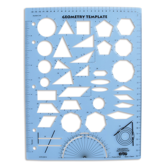 Helps teach young students the visual concepts of geometry! This flexible plastic template fits neatly into a 3-ring binder.  Offers hands-on experience so students can better retain their lessons.  Made of durable and long-lasting plastic to ensure product longevity.  Features a variety of 2-D shapes, 180 deg. protractor, metric and standard rulers, number line and perpendicular-parallel line.