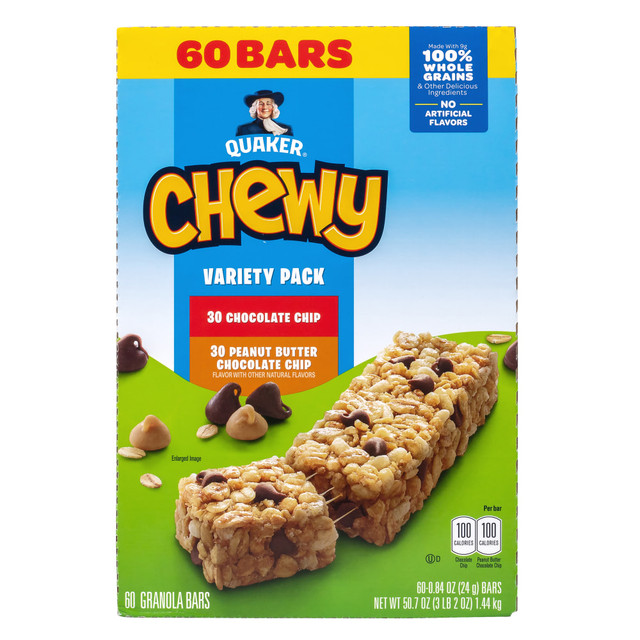 Stock your office with chocolaty goodness that everyone can enjoy. These Quaker chewy granola bars are perfect for snacking at your desk or during your commute.  Flavors include chocolate chip peanut butter and chocolate chip.  Free of cholesterol and trans fat for a healthy snack.  Kosher to suit dietary needs.  Granola bars come in a 3-lb box containing 60 assorted flavors.  Made with 100% whole grains and other delicious ingredients  No artificial flavors  No added colors  Includes 30 chocolate chip and 30 peanut butter chocolate chip Quaker Chewy granola bars