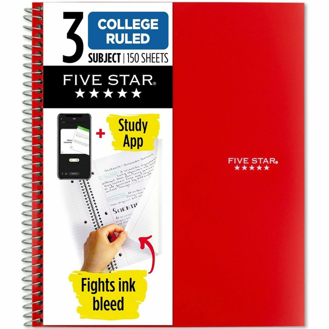 Choose a notebook that keeps up with your busy school day. The Five Star College Ruled Notebook is the smart choice for all your notetaking and homework needs.  Scan, study and organize your notes with the Five Star App. Create instant flashcards and sync your notes to Google Drive to access them anywhere from any device.  1 subject notebook has 100 double-sided, college ruled sheets that fight ink bleed and are perforated for easy tear out. Sheets measure 8 1/2in x 11in when torn out.  Tough pockets help prevent tears and hold 8 1/2in x 11in loose sheets and handouts. Covers are water resistant to protect your notes and our Spiral Lock wire helps prevent snags on clothes and backpacks.  Greener choice - contains 60% postconsumer recycled content.  Contains Recycled Content - See Specs for Details.