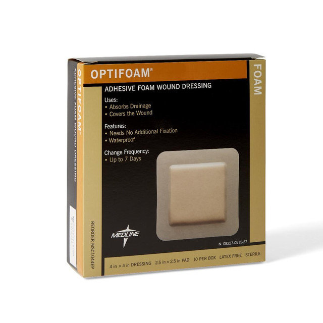 MEDLINE INDUSTRIES, INC. MSC1044EPZ Medline Optifoam Adhesive Dressings, Focus 600, 4in x 4in, Tan, Pack Of 10 MEDLINE INDUSTRIES, INC. MSC1044EPZ Medline Optifoam Adhesive Dressings, Focus 600, 4in x 4in, Tan, Pack Of 10