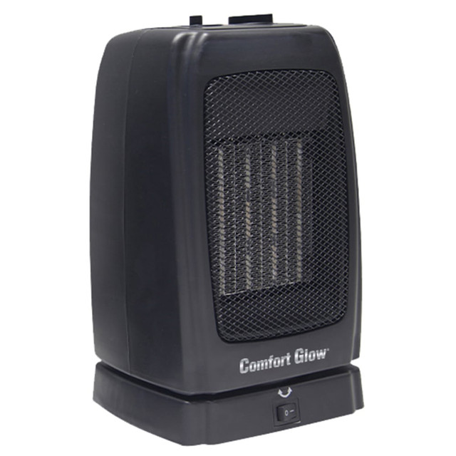 Heat the whole room with the Comfort Glow 1500W Max Portable Oscillating Ceramic Fan Heater With Thermostat. The heater can be adjusted from 750W to 1500W to suit your preferred heating output, while the ceramic fin heating elements help heat rooms up to 400 sq. ft. in size. The oscillating base helps provide total room coverage.  Made of durable ABS and ceramic.  Adjustable thermostat controls let you choose between 750W and 1500W heating outputs.  Ceramic fin heating elements are ideal for room sizes up to 400 sq. ft.  Top-mounted control panel includes a fan only setting.  Power indicator light informs when the heater is on or off.  Oscillating base ensures equal room coverage.  Overheat and tip-over cutoff safety devices afford safe usage.  Rear built-in carrying handle enables convenient hauling.  ETL/Intertek listed.  Backed by the manufacturer's 1-year limited warranty.