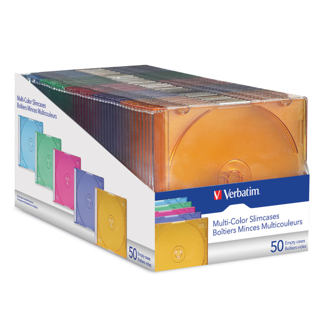 Verbatims color Slim Cases prevent your CDs and DVDs from being scratched or broken during transport.  Verbatims Slim Cases come in an assortment of colors - blue, green, orange, purple, and pink - so you can color-code your data, music, movies and more.