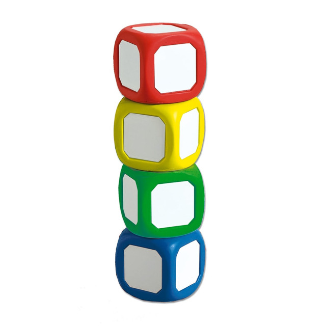 A versatile manipulative to create your own fraction, operation, and other specialty dice. Perfect for classroom activities!  Each small die measures 2in square and features a metal dry erase surface on all six sides.  New and improved surface eliminates ghosting.  Set contains one each of red, yellow, green, and blue small dice.
