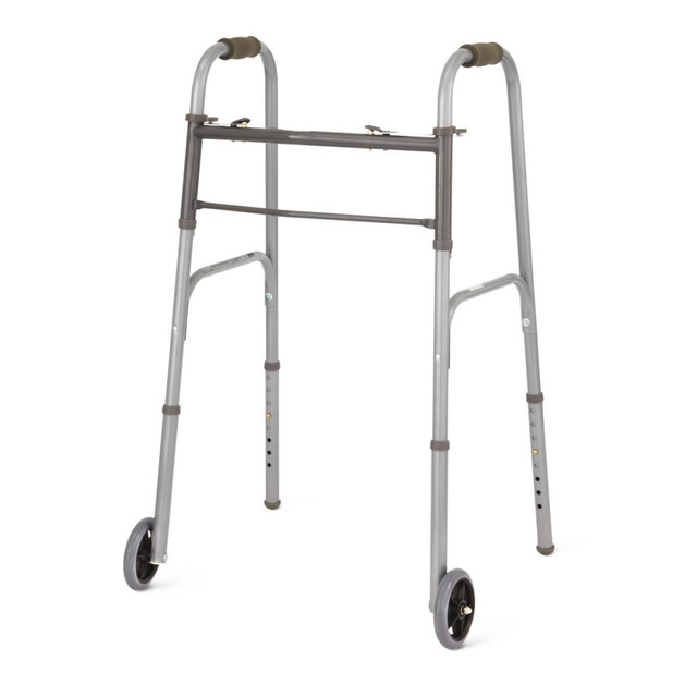 MEDLINE INDUSTRIES, INC. MDS86410W54BH Medline Adjustable Aluminum/Steel 2-Button Folding Walker, 25in-32in, With 5in Wheels MEDLINE INDUSTRIES, INC. MDS86410W54BH Medline Adjustable Aluminum/Steel 2-Button Folding Walker, 25in-32in, With 5in Wheels