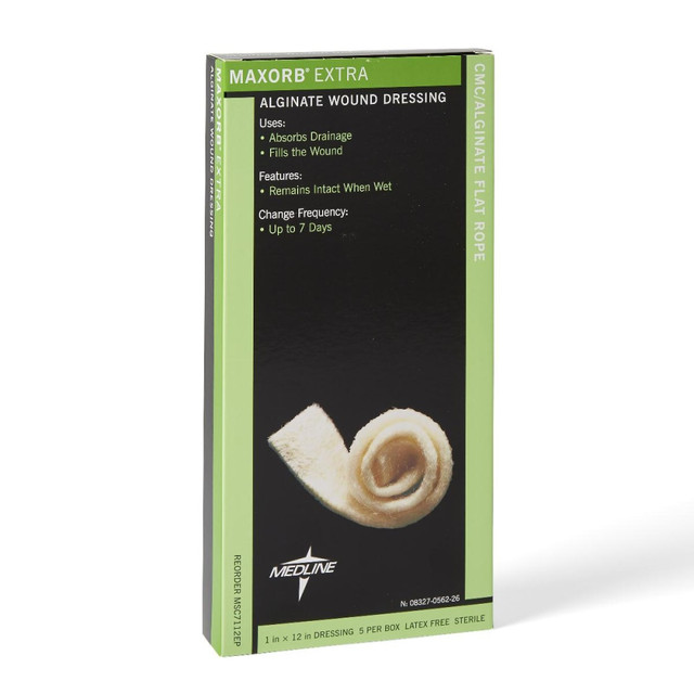 MEDLINE INDUSTRIES, INC. MSC7112EPZ Medline Maxorb Extra CMC/Alginate Dressings, Flat, 1in x 12in, Tan, Pack Of 5 MEDLINE INDUSTRIES, INC. MSC7112EPZ Medline Maxorb Extra CMC/Alginate Dressings, Flat, 1in x 12in, Tan, Pack Of 5