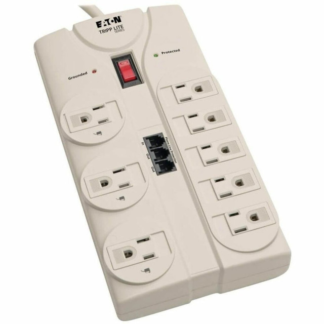Tripp Lites TLP808TEL surge suppressor has 8 outlets, an 2.43 m (8-ft.) cord with a space-saving right-angle plug, and diagnostic LEDs. The unit has a surge suppression rating of 2160 joules to handle the strongest surges. Built-in RJ11 jacks prevent surges from damaging your modem/fax/phone equipment.   Helps save energy - designed to limit the energy used by other products, potentially helping you reduce your carbon footprint and save money.