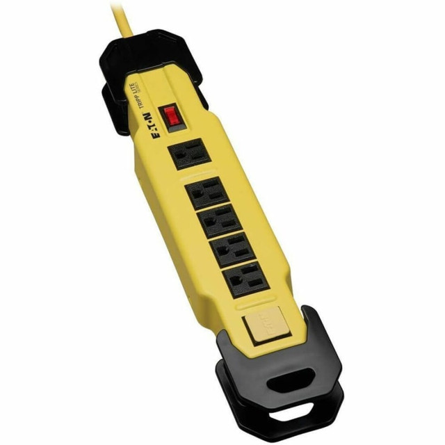 This Tripp Lite power strip is designed to safely distribute power to connected equipment in harsh environments. It provides a convenient source for multiple outlets wherever they are needed. 6 outlets distribute AC power to a wide range of power tools, drill presses, air compressors, power sanders and more. Convenient transformer outlets accommodate multiple transformers without blocking other outlets. A 9-foot grounded cord with integrated cord clip reaches distant outlets. A GFCI plug protects users from electrical shock in wet or humid environments. A lighted on/off switch provides power control over connected equipment. 4 safety covers shield unused outlets from debris and accidental contact. A rugged metal case stands up to the harshest environments. Built-in cord wrap with hang holes provides convenient cord management. Integrated keyhole slots on bottom panel provide convenient wall/desk mounting.   Helps save energy - designed to limit the energy used by other products, potentially helping you reduce your carbon footprint and save money.
