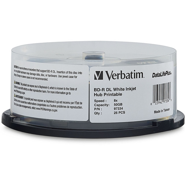 VERBATIM AMERICAS LLC 97334 Verbatim BD-R DL 50GB 8X, White Label, DataLife+, White InkJet Hub Printable, 25PK Spindle - 50GB - 120mm Standard - 25 Pack Spindle