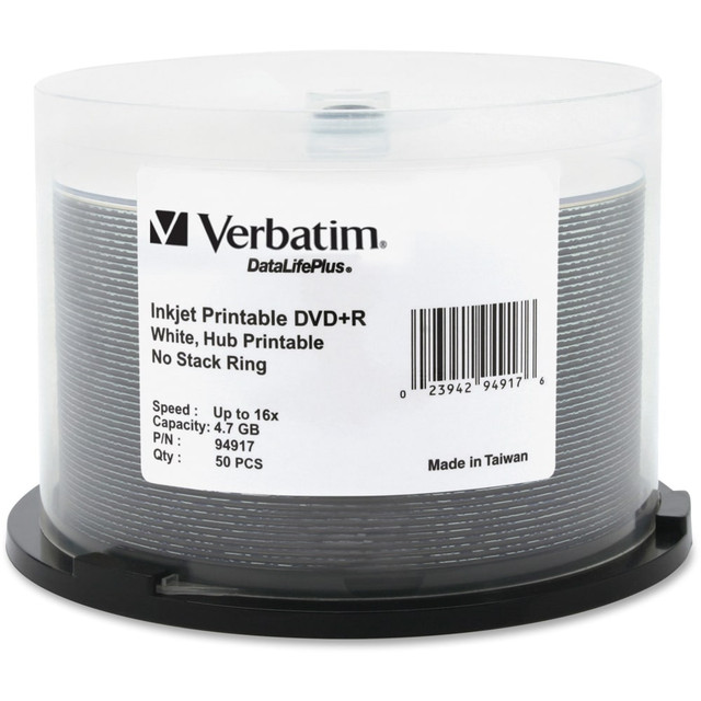 VERBATIM AMERICAS LLC 94917 Verbatim Inkjet Printable DVD+R Discs, 4.7GB, 16x, Spindle, White, 50/Pack