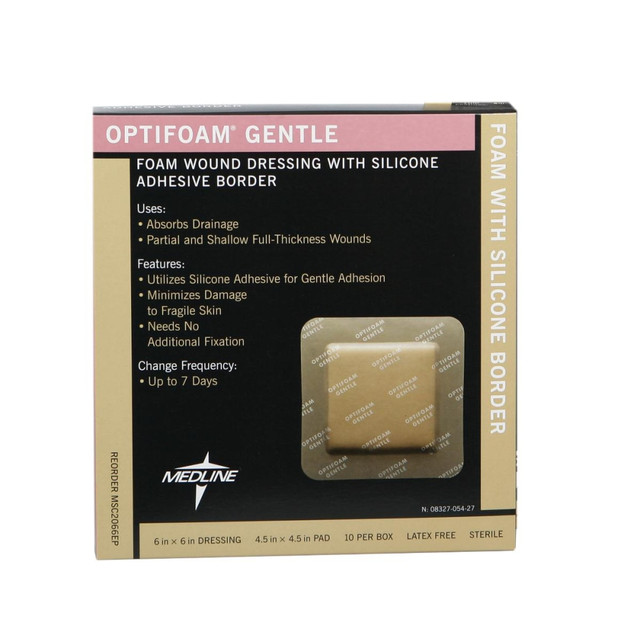 MEDLINE INDUSTRIES, INC. MSC2066EPZ Medline Optifoam Gentle Silicone Border Dressings, 6in x 6in, Tan, Pack Of 10