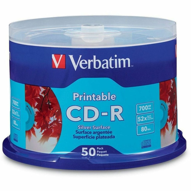 VERBATIM AMERICAS LLC 95005 Verbatim CD-R 700MB 52X Silver Inkjet Printable - 50pk Spindle - 50 Pack