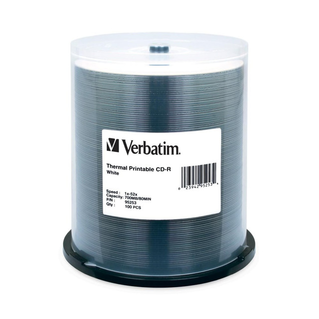 VERBATIM AMERICAS LLC 95253 Verbatim CD-R 700MB 52X White Thermal Printable - 100pk Spindle - 700MB - 100 Pack VERBATIM AMERICAS LLC 95253 Verbatim CD-R 700MB 52X White Thermal Printable - 100pk Spindle - 700MB - 100 Pack