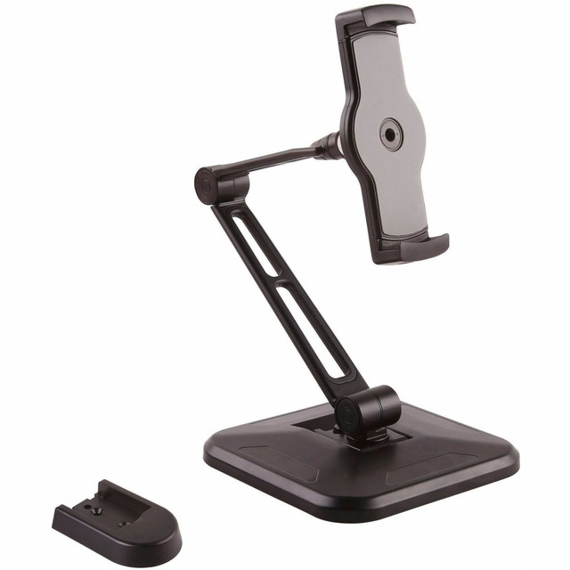 Supports weight capacity of 2.2 lb. (1 kg)  Tablet arm pivots +170 degrees at base, -40 / +180 degrees at elbow, and rotates 360 degrees for portrait or landscape viewing  Includes optional base for wall or surface mounting  Large square base for stability  Universal tablet stand supports a wide range of tablets and phones, from 4.7in to 12.9in
