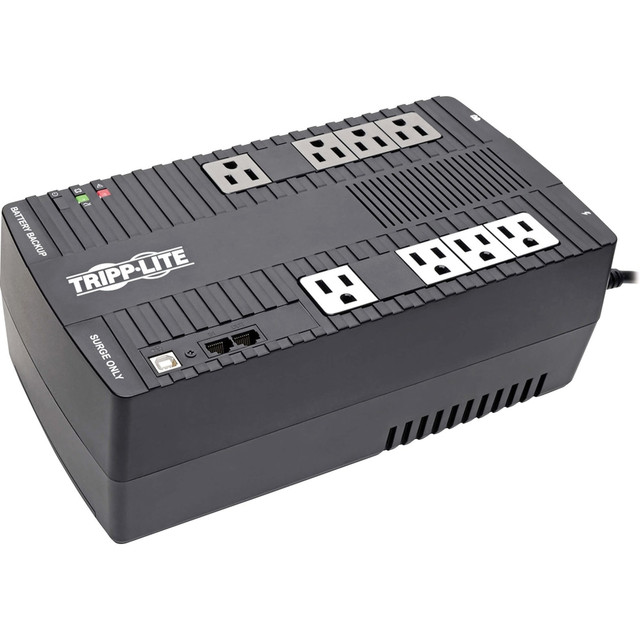 Tripp Lites AVR550U line interactive UPS offers complete protection for PCs, workstations and other sensitive electronics in an attractive ultra-compact, mountable housing. Prevents data loss and system downtime by providing battery supported AC output during blackouts and Automatic Voltage Regulation (AVR) during brownouts and overvoltages.  8 output receptacles, two of which are widely-spaced to accommodate large transformer plugs without blocking outlets.  4 outlets with full battery support and surge suppression protect computers, monitors and other vital system components from loss of power.  4 additional outlets with surge suppression-only are ideal for printers and other accessories not requiring battery support.  Single line telephone suppression jacks protect modem, fax machine, cordless phone or other peripherals with a standard dialup or DSL phone line connection.  USB port with PowerAlert monitoring software and cabling enables safe unattended system shutdown in the case of extended power failure.  HID compliant USB interface enables full integration with built-in power management and auto shutdown.  Audible alarm and front panel LEDs offer status information regarding line and battery power operation.  Helps save energy - designed to limit the energy used by other products, potentially helping you reduce your carbon footprint and save money.
