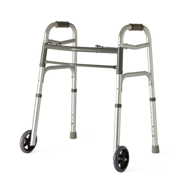 MEDLINE INDUSTRIES, INC. MDS86410JW54 Medline Junior Adjustable Aluminum/Steel 2-Button Folding Walker, 25in - 32inH, With 5in Wheels MEDLINE INDUSTRIES, INC. MDS86410JW54 Medline Junior Adjustable Aluminum/Steel 2-Button Folding Walker, 25in - 32inH, With 5in Wheels