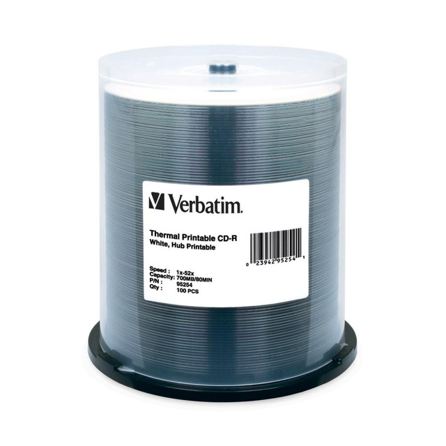 VERBATIM AMERICAS LLC 95254 Verbatim CD-R 700MB 52X White Thermal Printable, Hub Printable - 100pk Spindle - 700MB - 100 Pack VERBATIM AMERICAS LLC 95254 Verbatim CD-R 700MB 52X White Thermal Printable, Hub Printable - 100pk Spindle - 700MB - 100 Pack