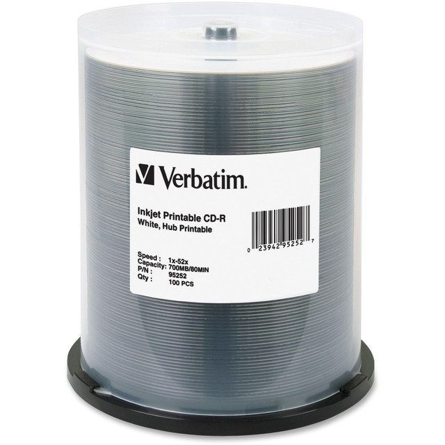 Verbatim 52X White Inkjet, Hub Printable CD-R discs are the ideal choice for full-color edge-to-edge photo & text printing on CD/DVD inkjet printers.  These inkjet printable discs consist of a unique white surface coating for exceptional color reproduction of high-resolution photos, graphics or other images.  The inkjet printable surface has excellent ink absorption and durability, providing long lasting vibrant colors.  This full-surface, hub-printable media provides additional printing surface area over regular printable discs.  White, Inkjet Hub-Printable CD-R 52x, 700MB/80min  Ideal for full-surface, edge-to-edge printing  Full-color, high resolution, photo-quality printing  Qualified for use with CD/DVD inkjet printers from Primera, Microboards, Epson and others  Compatible with high-resolution 5,760 DPI printers  Crisp & clear text reproduction  Limited Lifetime Warranty  Verbatim White Inkjet Printable discs are a great choice for full-color, true-to-life photo quality printing.  Customize each disc with crisp text and full color graphics.  These advanced discs enable you to take full advantage of todays CD-R burners.  Feature an advanced surface coating that protects from scratches that can damage the recording layer.  These are one-time record discs, ensuring your valuable files will not be erased.