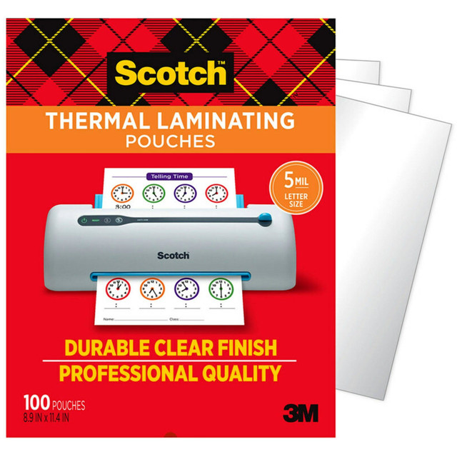 Scotch Thermal Laminating Pouches protect documents that you use frequently. The ultra-clear design lets important information show through to remain efficient.  Safe for use with most household cleaners*  8.9 in  x 11.4 in, Letter Size 100 per package  DESIGN - Protects and adds professionalism to business documents.  PHOTO-SAFE PROTECTION - Designed to protect items like paperwork, photos and contracts from damage.  RESISTS DAMAGE - Ideal for marker-proof, tear-proof and spill-proof paper items to last.  Great for childrens artwork, signs, flyers, schedules, certificates, and other frequently used documents in the home, office or classroom  CLEAR FINISH - Ultra-clear to let important information show through.  Recommended to use with Scotch Thermal Laminators  *Do not sanitize pouches before the lamination. Test a small amount in a corner before use, especially on important documents. Do not use acetone.  100 pouches per pack