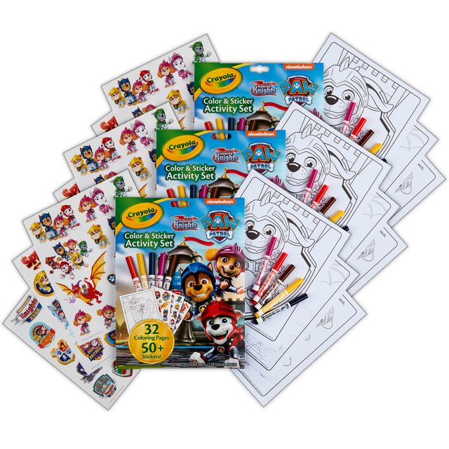 Explore your imagination with the Crayola Color & Sticker Activity Set. This set has everything you need to color and decorate, including coloring pages, markers and sticker sheets.  Folder-style design helps keep pages safe and organized.  Includes 32 coloring pages, 5 Crayola Pipsqueak markers and 3 sticker sheets.  Paw Patrol designs provide a fun look.