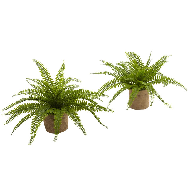 NEARLY NATURAL INC. 6814-S2 Nearly Natural Boston Fern 15inH Artificial Plants With Burlap Planters, 15inH x 22inW x 18inD, Green, Set Of 2