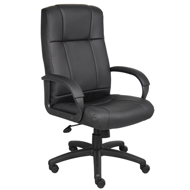 Be ready to take on the day by sitting in this executive office chair. The vinyl-upholstered chair provides softness and lumbar support. The ergonomic office chair uses dual-wheel casters to help you maneuver around your workspace.  Overall dimensions: 47inH x 27inW x 32-1/2inD.  Ergonomic design allows for comfort throughout the day.  Recommended for professional use 8-10 hours per day.  Weight capacity tested to support 275 lb.  Lumbar support.  Caressoftplus vinyl upholstery.  Pneumatic gas-lift mechanism.  Spring tilt mechanism with tilt tension.  Loop arms.  Nylon base with 2in dual-wheel casters.  Assembly required.  Backed by the manufacturers 1-year limited warranty.