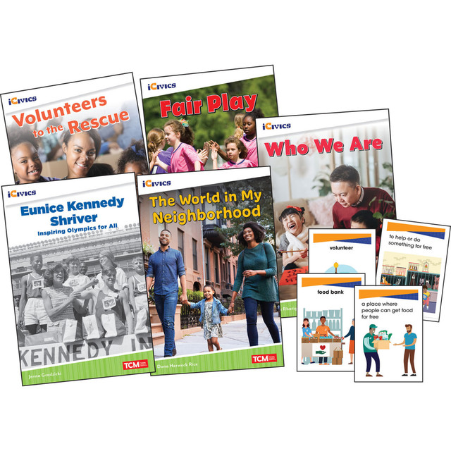 Learn about the community you live in with the Teacher Created Materials iCivics: Community & Social Awareness 5-Book Set & Game Cards. This set teaches a variety of civics topics in meaningful and easy-to-understand ways through activities such as Read and Respond questions, Think and Talk callouts and Civics in Action.  Explore civics topics in meaningful and easy-to-understand ways.  Read and Respond questions, Think and Talk callouts and Civics in Action activities help enhance reading experience and critical thinking skills.  Included card game reinforces literacy and civics kills.  Learn about playing fair and being a good sport, discover how the Special Olympics started, and explore how volunteers help others.  Includes What Does It Mean? Game Cards, Volunteers to the Rescue, Fair Play, Eunice Kennedy Shriver: Inspiring Olympics for All, The World in My Neighborhood and Who We Are.