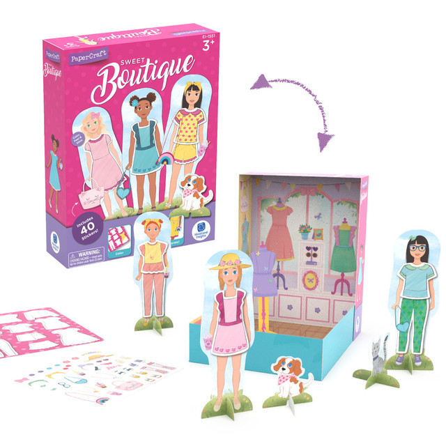 Show off your stylish side with the Educational Insights PaperCraft Sweet Boutique Paper Dolls Set. This set has everything you need to explore your imagination, including stickers, double-sided dolls and pets.  Reusable sticky backs allow for easy placement and removal.  Includes 140 stickers, 3 double-sided dolls and 2 pets.